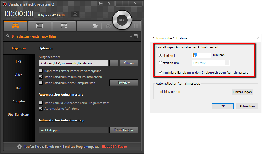 Hier Wird Eingestellt Wann Die Automatische Aufnahme - Включить Звук В Бандикаме (1053x637), Png Download