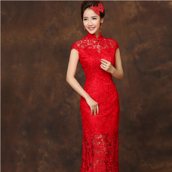Floor Length Red Lace Checonsam Chinese Mandarin Collar - Wedding Dress (600x800), Png Download