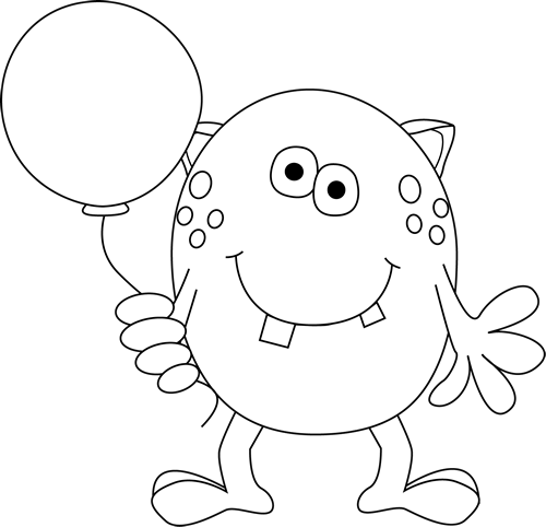 Black And White Monster Holding A Balloon Clip Art - Black And White Monster Png (500x482), Png Download