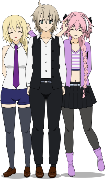 1girl 2boys Ahoge Astolfo Bangs Bare Shoulders Belt - Cartoon (850x638), Png Download