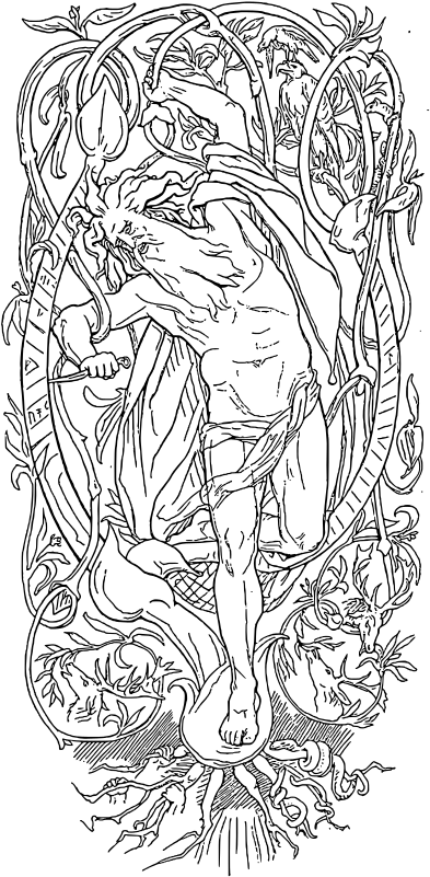 Odin Sacrificing Himself Upon The Sacred World Tree - Lorenz Frølich Odin (401x810), Png Download