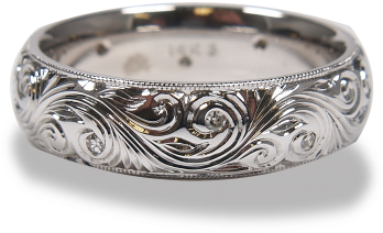 Hand Engraved Traditional Scroll With Diamond Accents - Titanium Ring (450x400), Png Download