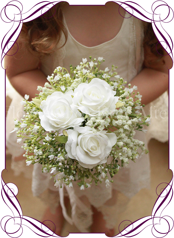 Silk Artificial White Wedding Flower Girls Posy Bouquet - Flower Girls Rose Bouquet (608x822), Png Download
