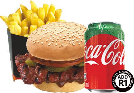 Rib Burger, Reg Chips & 330ml Soda - Coca Cola Vanilla 355ml (484x368), Png Download