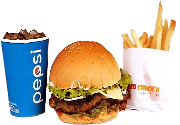 Beef Burger With Cheese, French Fries 1, Soft Drinks - Burger With Cold Drinks Png (400x350), Png Download