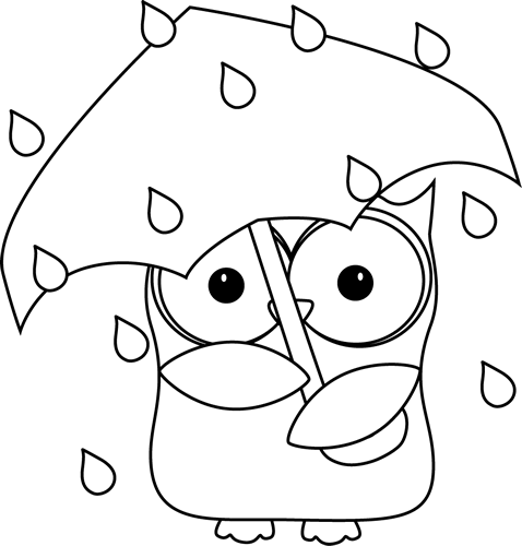 Black And White Owl In The Rain Clip Art - Clip Art Rainy Black And White (478x500), Png Download