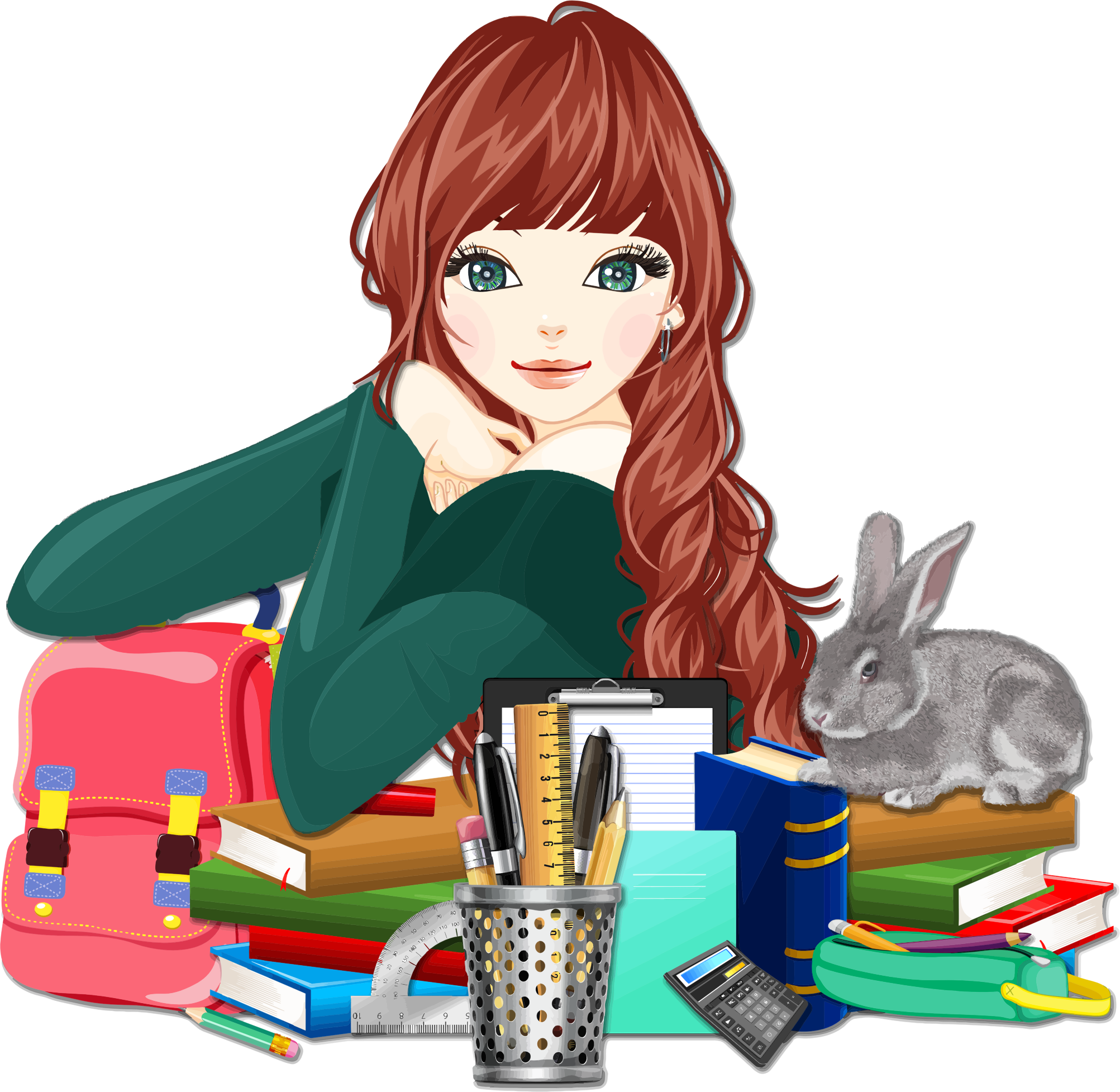 School Girl With Rabbit 2 Vector Download - Coloring Books For Girls: Stress Relief Coloring Book (2005x1954), Png Download