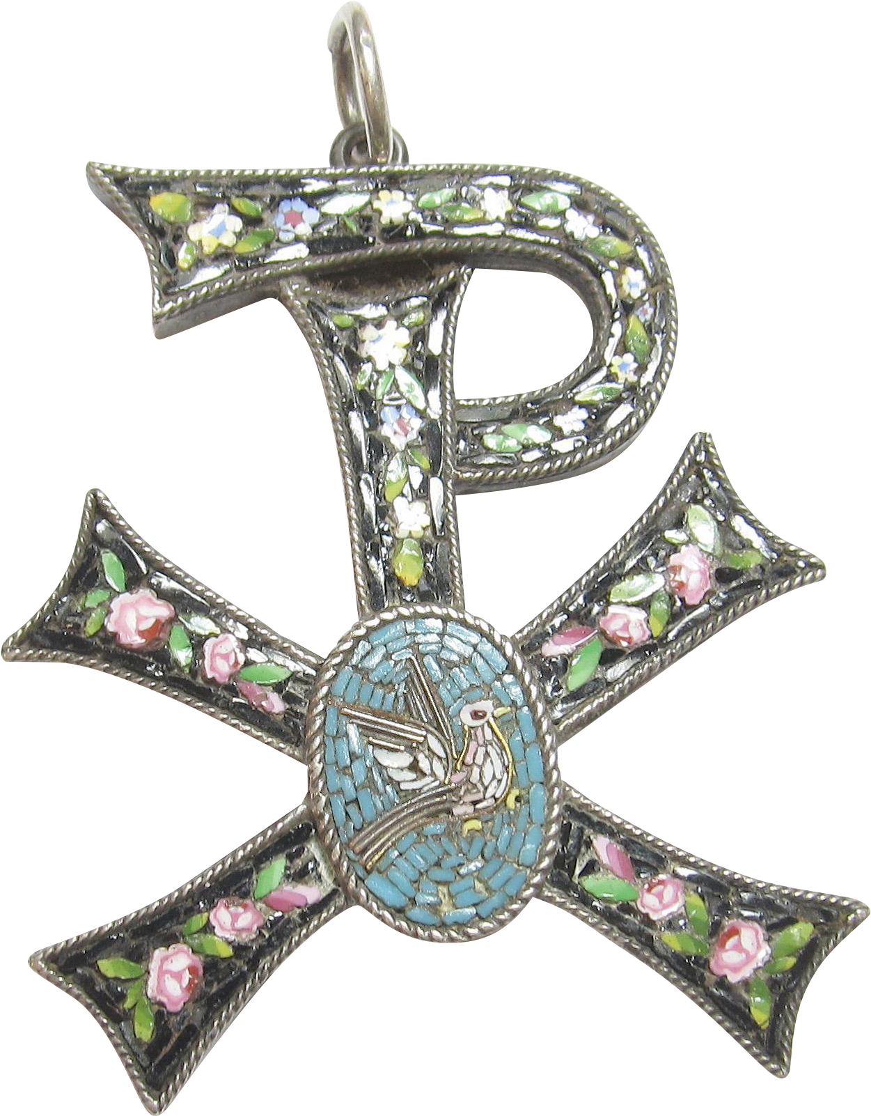 1890's Victorian Sterling Silver Micro Mosaic Bird - Cross (1601x1601), Png Download