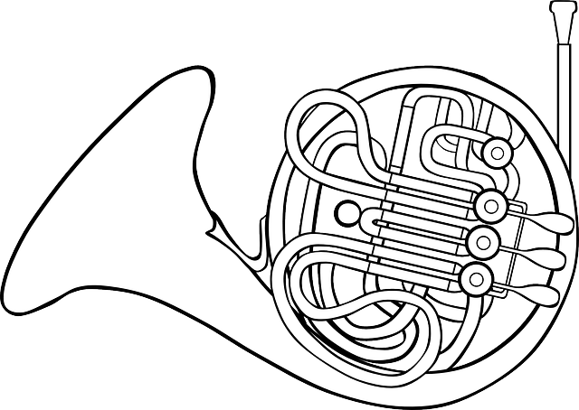 Music, French, Outline, Horn, Instrument, Blow, Horns - French Horn Clipart (640x454), Png Download