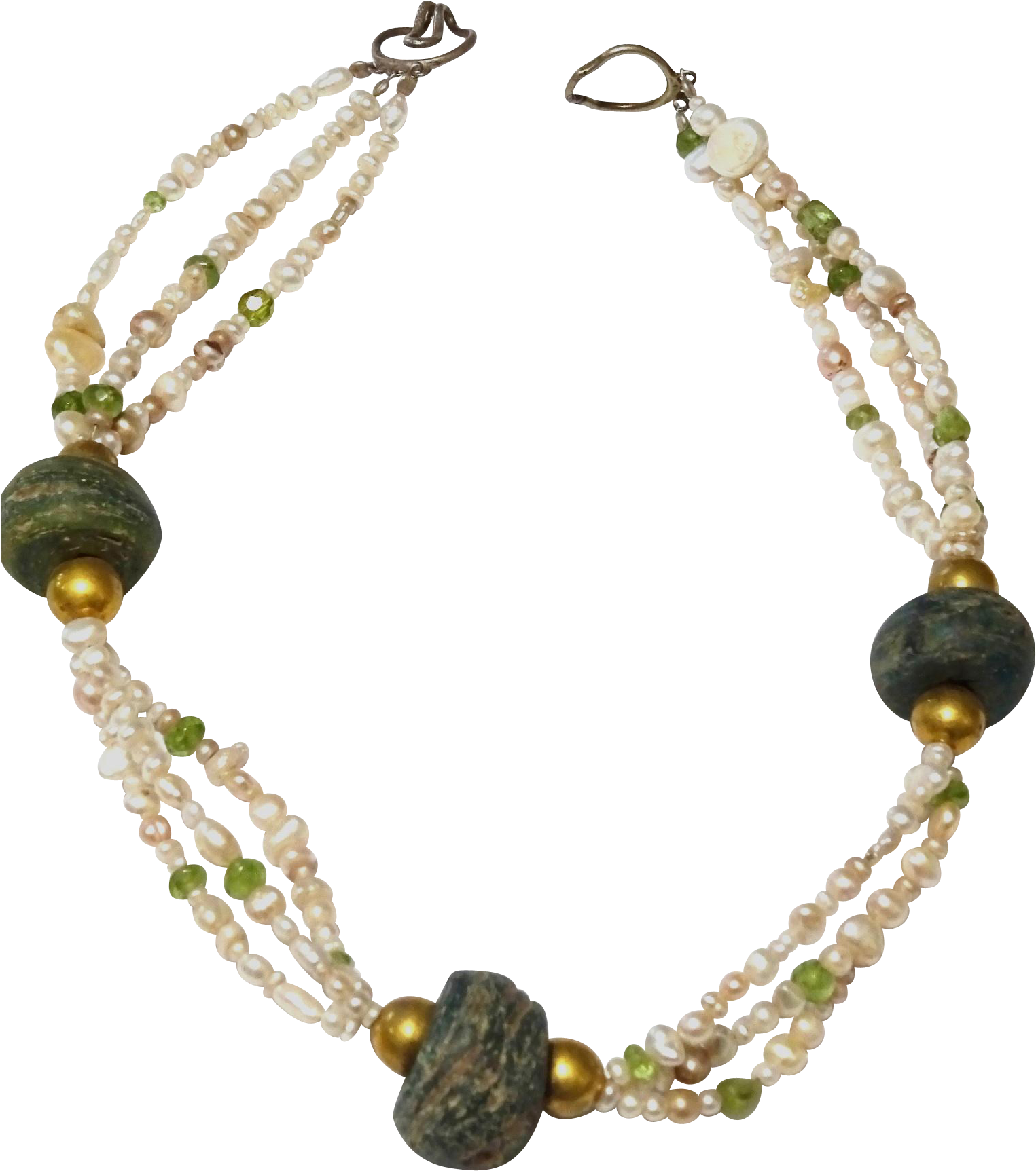 Three Strand Mixed Pearls, Peridot And 18k Gold Wax - Trois Perles De Cire Or Brin Mixte Perles Péridot 18k (1724x1724), Png Download