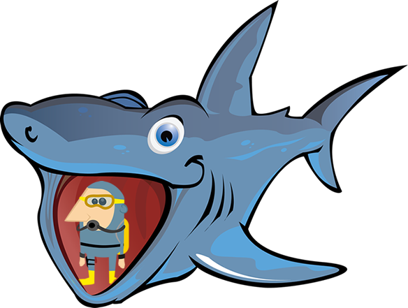 Sharkwithdiver - Cartoon Shark Eating A Man (584x441), Png Download