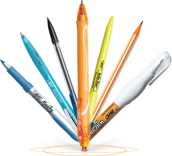 Pens And Bic Products Arranged In A Fan-like Array - Product (577x525), Png Download