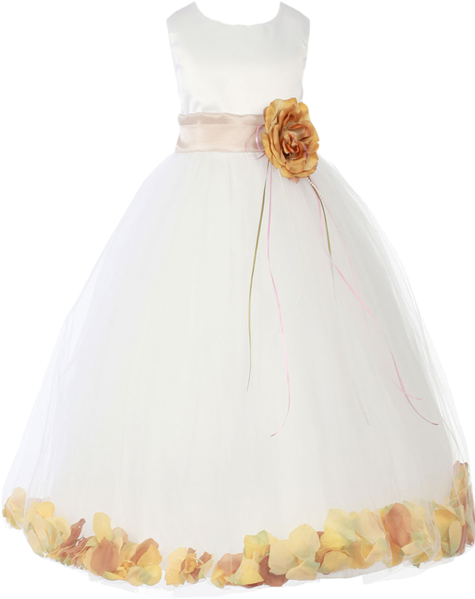 Champagne Satin & Tulle Flower Petal Dress W Sash - Dress (683x1024), Png Download