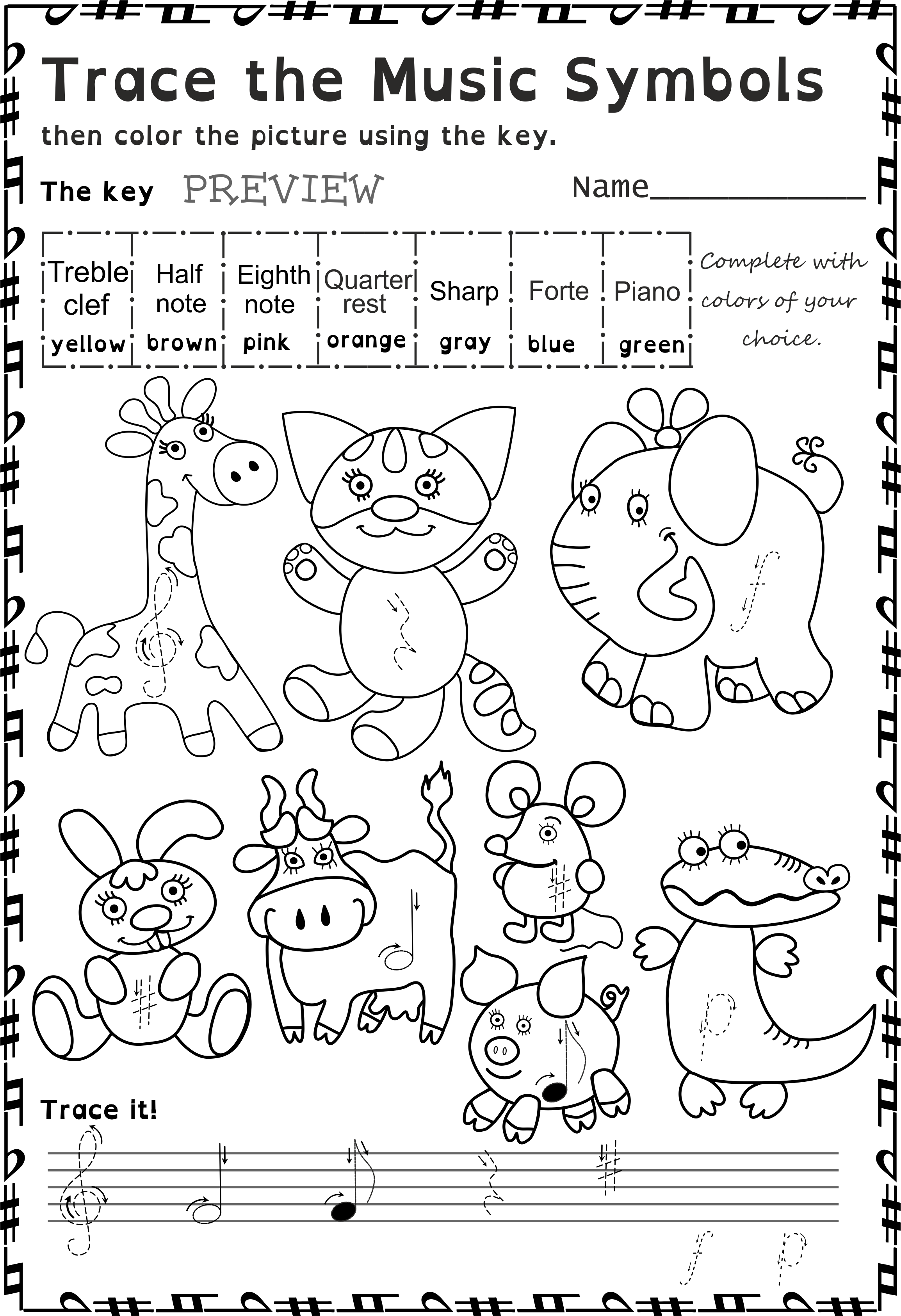 Cosy Color Naming Worksheets For Your Music Symbols - Line Art (2308x3371), Png Download