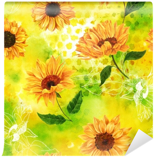 Seamless Pattern With Watercolor Sunflowers On Yellow-green - Watercolor Painting (400x400), Png Download