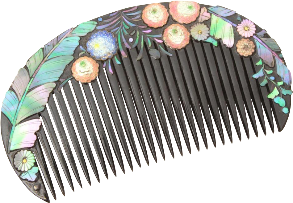 Antique Japanese Hair Comb Lacquer, Enamel Flowers, - Kanzashi (948x948), Png Download