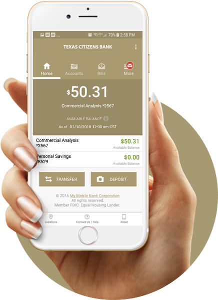 Download The Texas Citizens Bank App Today - Female Hand Holding Iphone Png (435x606), Png Download
