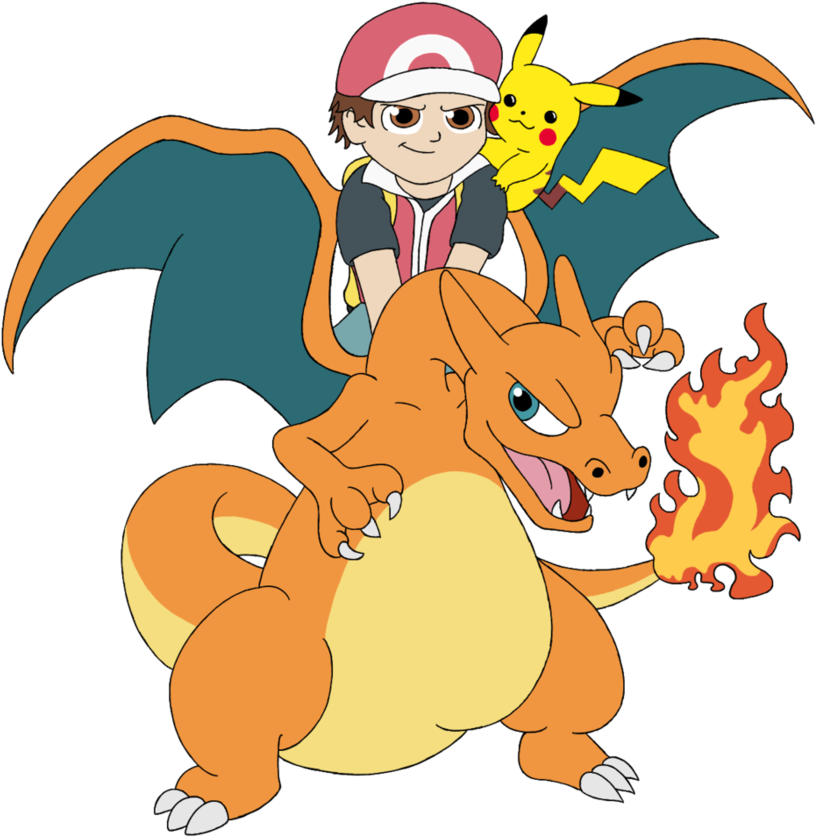 Red With Pikachu And Charizard - Cartoon (898x890), Png Download