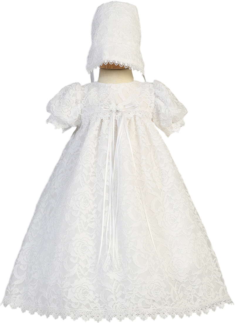 Floral Lace Overlay Satin Christening Dress With Scalloped - Baptism Dresses For A Toddler (800x1200), Png Download