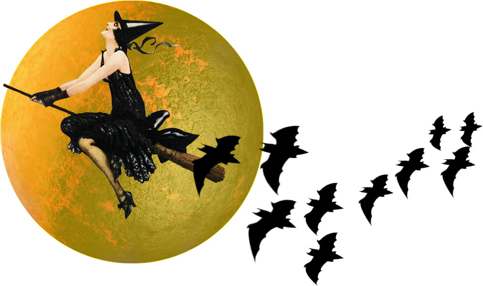Vintage Witch Flying Past The Moon On Broomstick - Moon Witch Transparent Png (1080x663), Png Download
