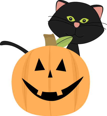 Black Cat Behind Jack O Lantern - Cute Halloween Clip Art (426x461), Png Download