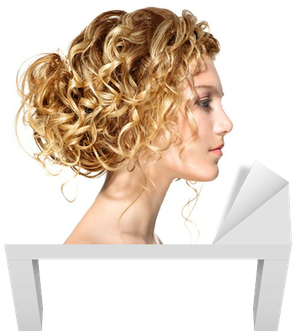 Beauty Girl With Blonde Permed Hair Lack Table Veneer - Woman Profile Curly Hair (400x400), Png Download