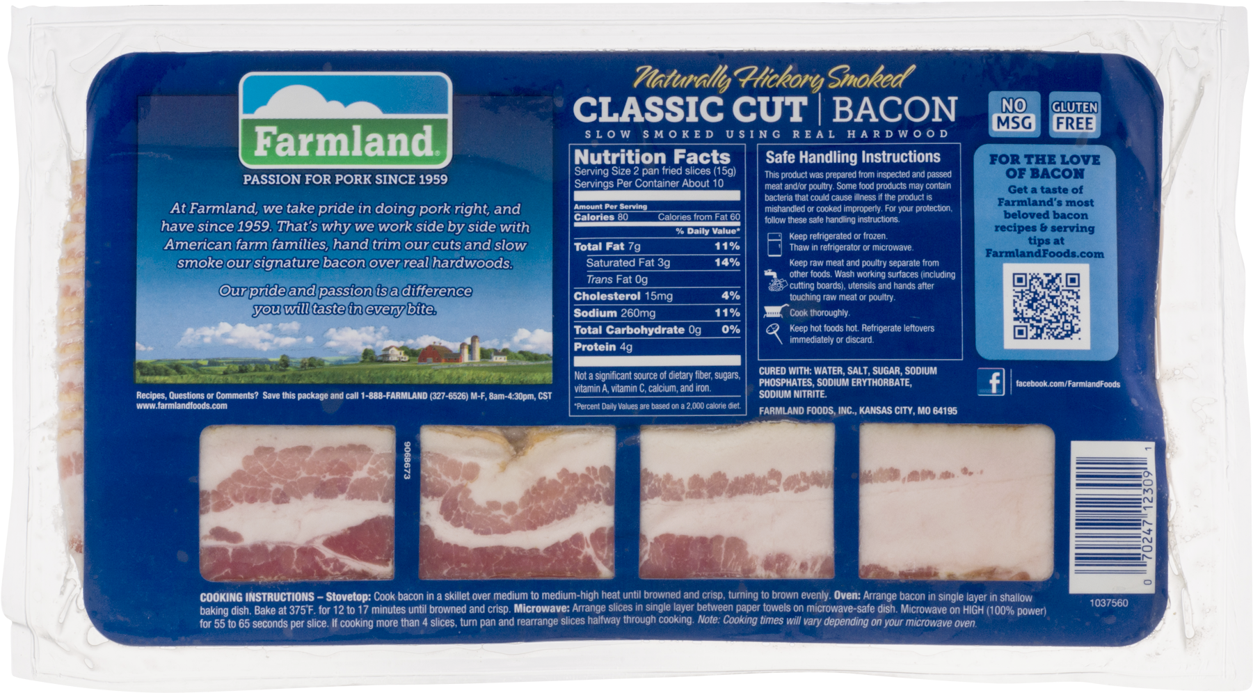 Farmland Naturally Hickory Smoked Classic Cut Bacon - Farmland Bacon, Classic Cut, Lower Sodium, Naturally (1800x1800), Png Download
