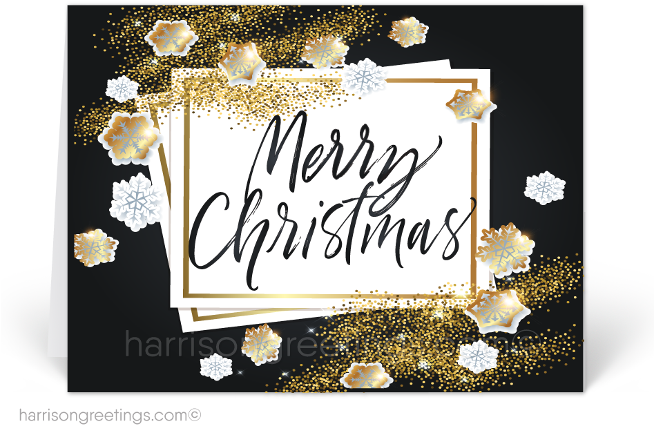 Black And Gold Glitter Merry Christmas Holiday Cards - Greeting Card (946x704), Png Download