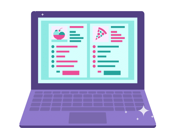 Icon Of Laptop With Two Graphical Recipe Cards On The - Netbook (625x521), Png Download