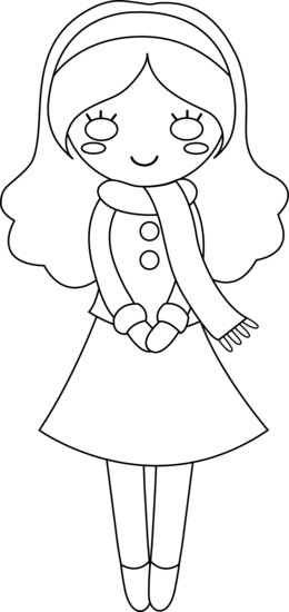 Colorable Girl With Scarf Girl Clipart, Girl Themes, - Pretty Girl Clipart Black And White (260x550), Png Download