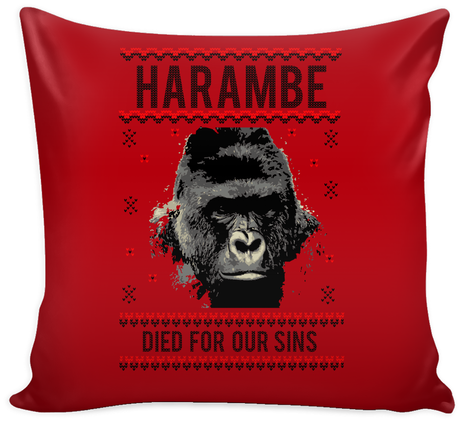 Harambe Died For Our Sins Festive Funny Ugly Christmas - Throw Pillow (1024x1024), Png Download