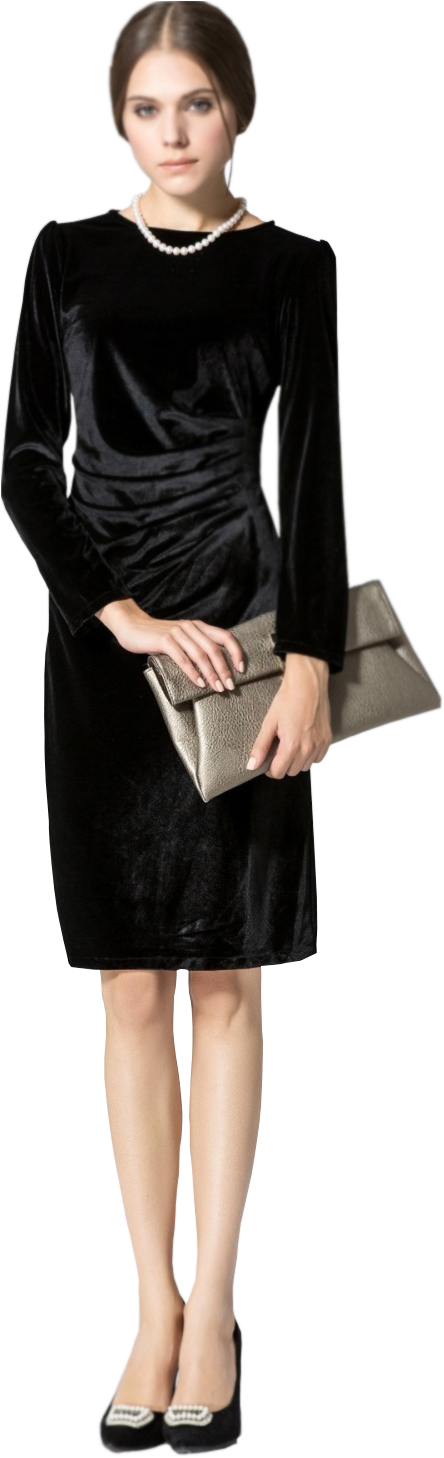 Women Long Sleeved Round Neck Slim Velvet Pleated Winter - Dress (453x1458), Png Download