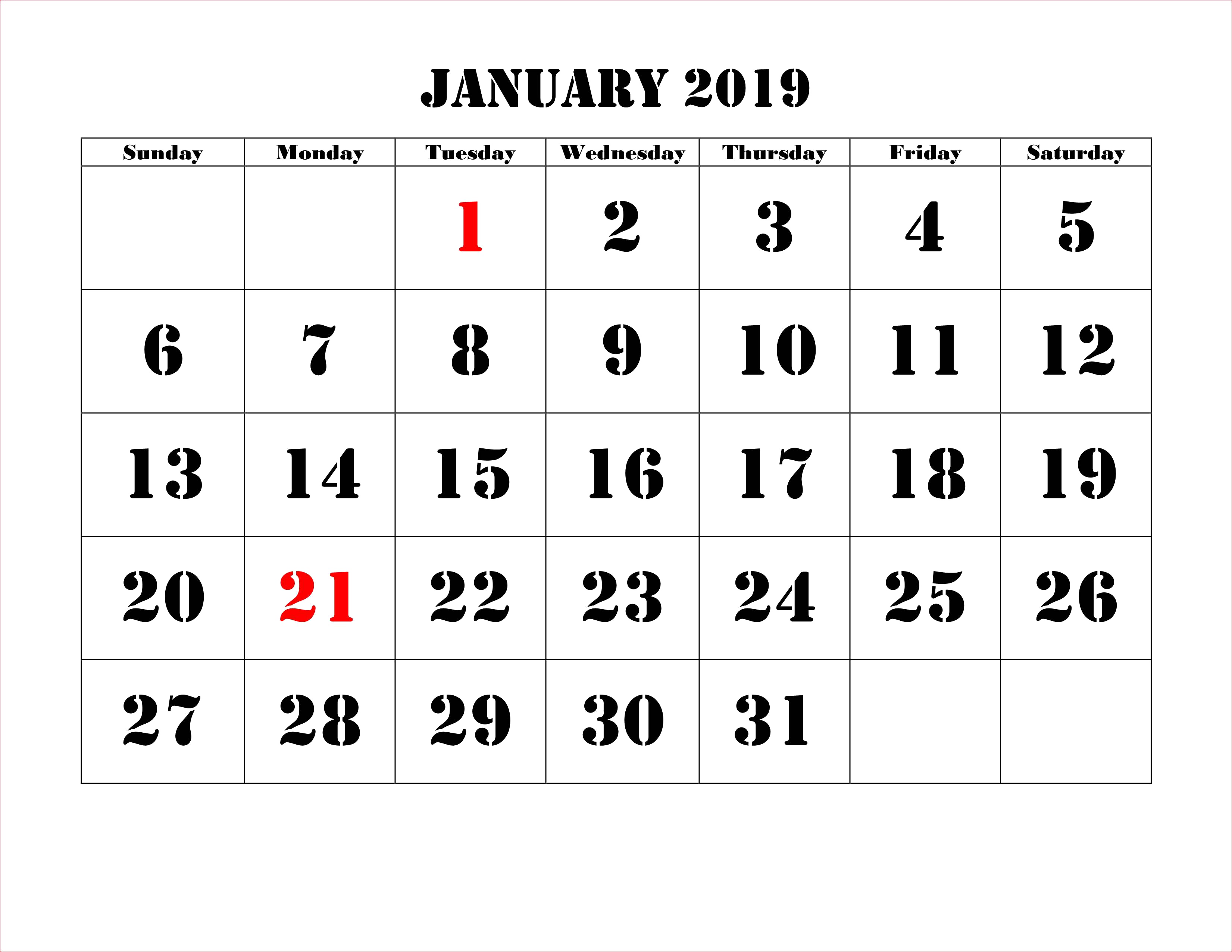 Printable Large Print 2019 Calendar (3302x2552), Png Download