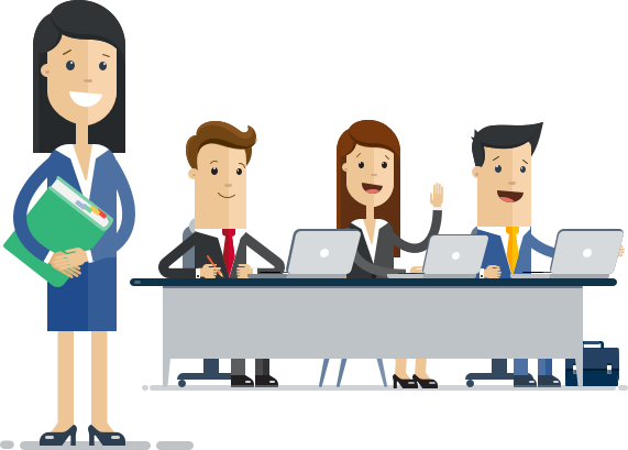 Four People Smiling At A Desk - Businessperson (571x409), Png Download