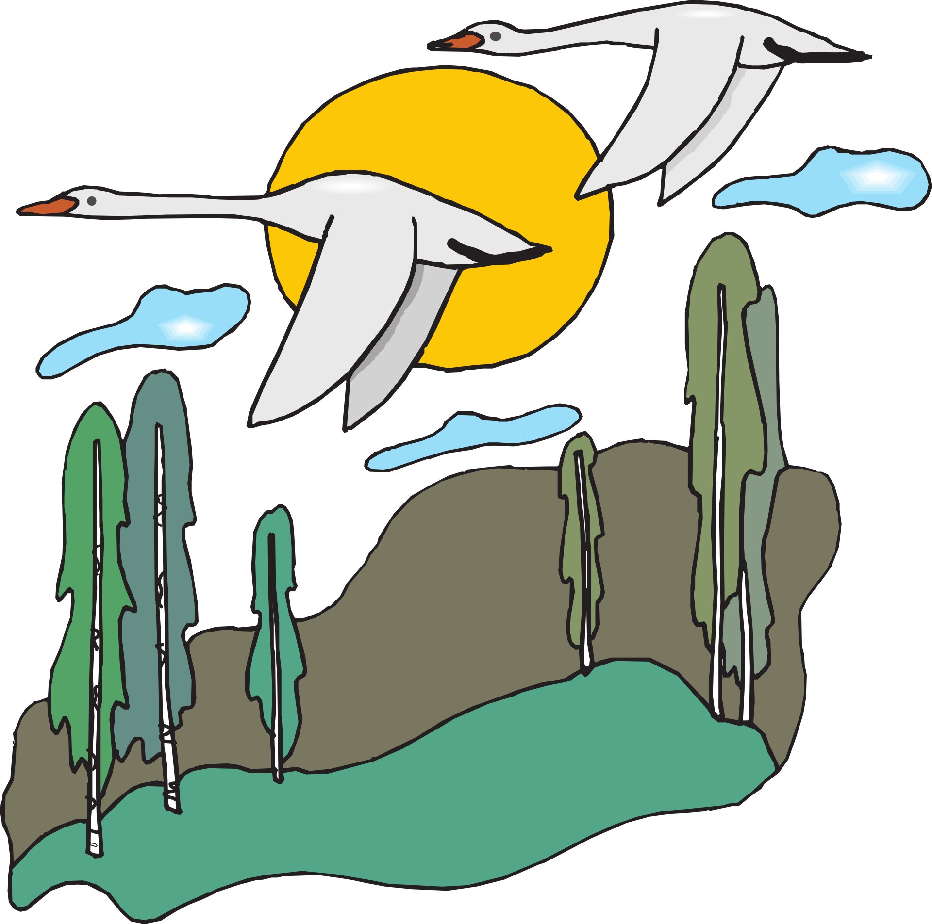 White Birds Flying Landscape Drawing - Flying Goose Cartoon (1920x1905), Png Download