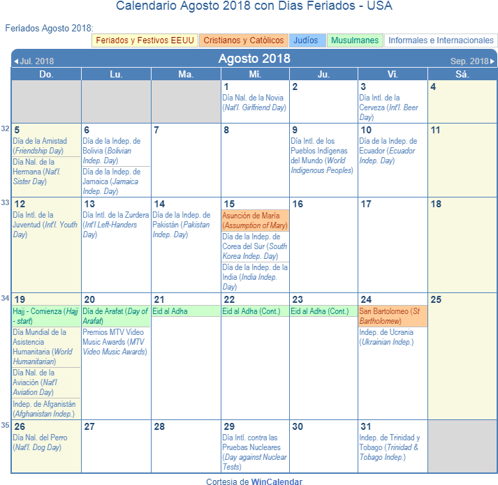 Calendario Estados Unidos Agosto 2018 En Formato De - Calendario Febrero 2019 Mexico (748x709), Png Download