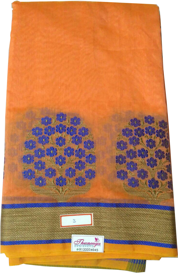 Orange Colored Cotten Silk Saree With Contrast Blue - Leather (955x1280), Png Download
