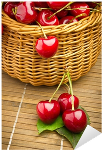 Delicious Sweet Cherry Fruits In Wicker Basket Sticker - Basket (400x400), Png Download