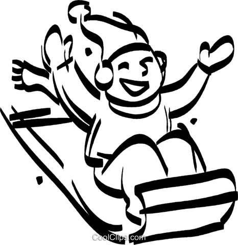 Boy Sitting On A Toboggan - Tobogganing Clipart Black And White (466x480), Png Download