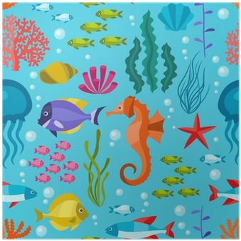 Marine Life Seamless Pattern With Sea Animals - Colorful Sea Life And Animals Cute Shower Curtain (400x400), Png Download