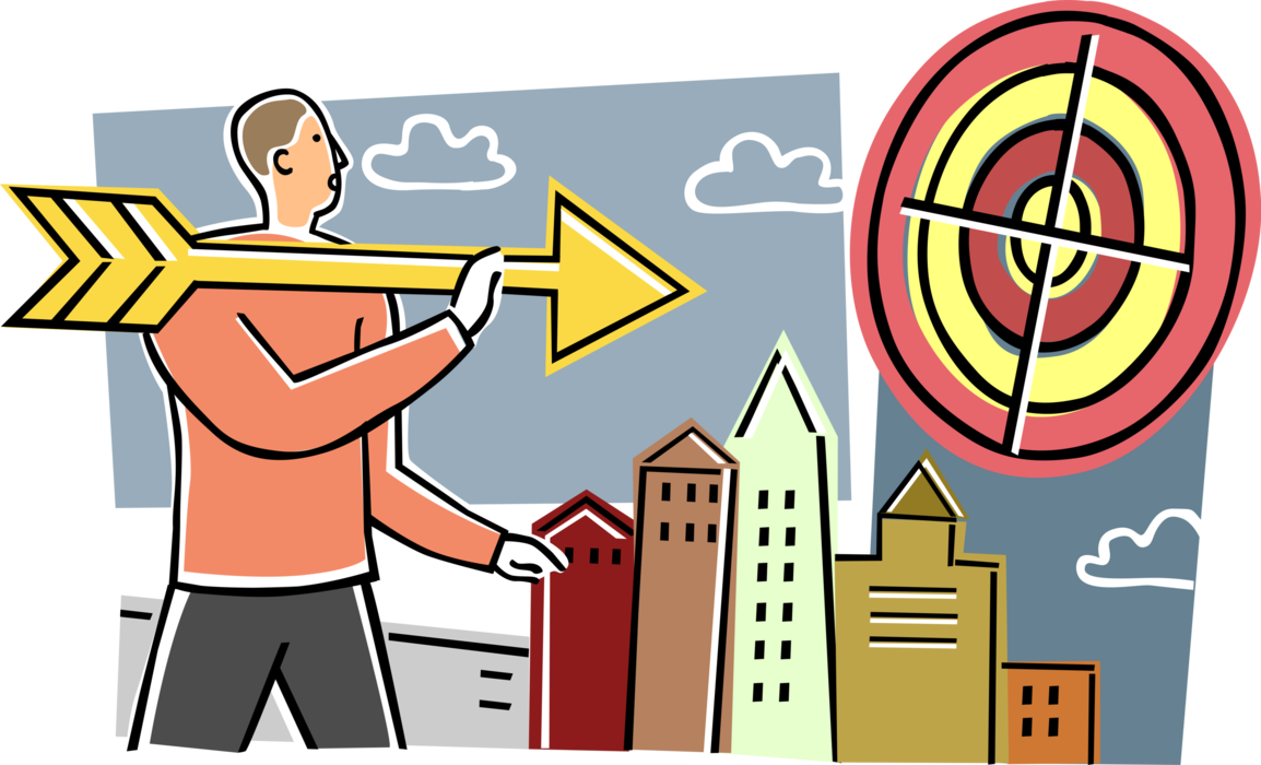 Vector Illustration Of Businessman Aims Arrow At Target - Illustration (1154x700), Png Download