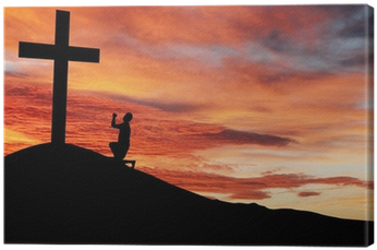 Silhouette Of A Man Praying Under The Cross Canvas - Human (400x400), Png Download