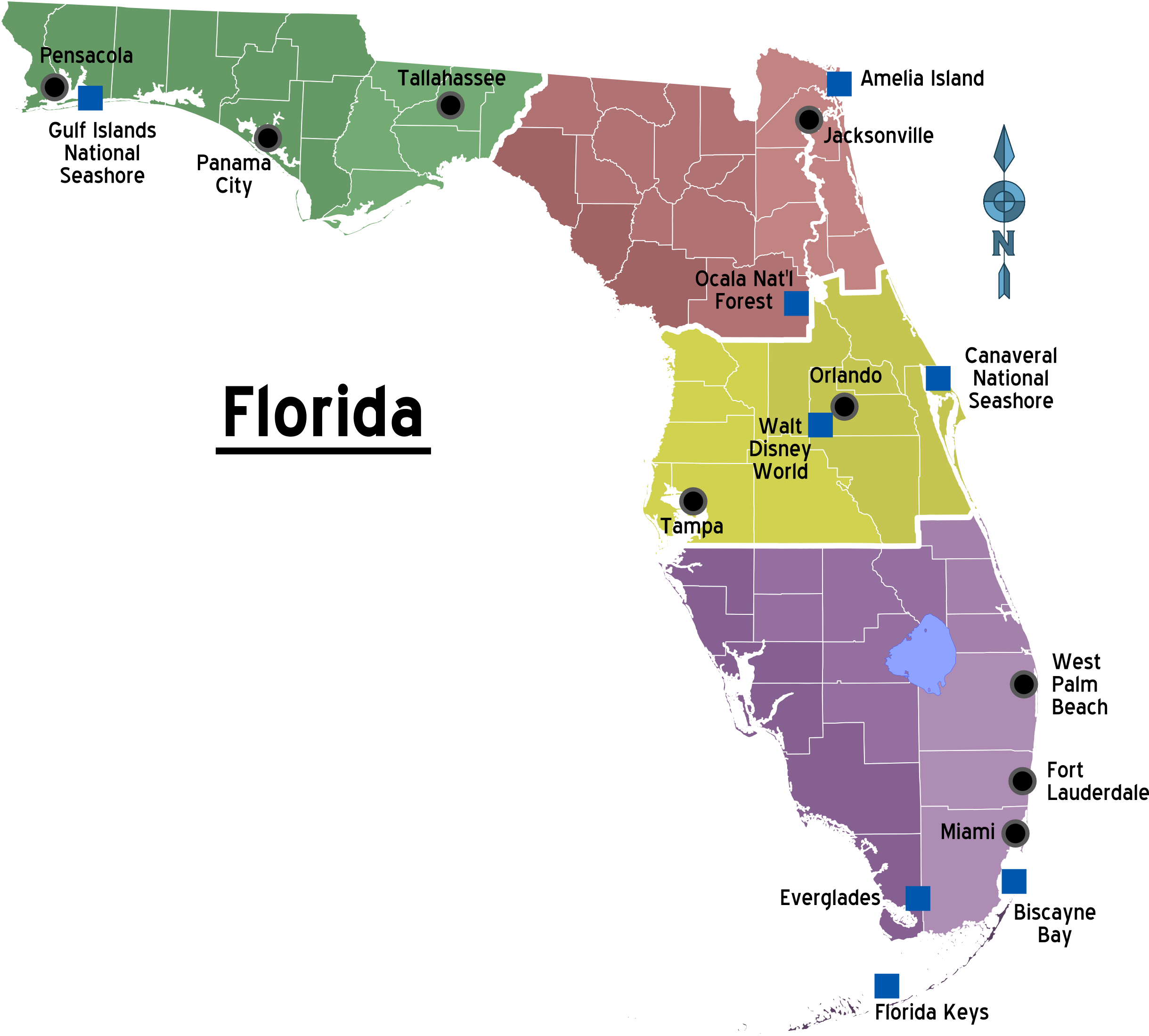 Map Of Florida Regions With Cities - Regions Of Florida (2458x2218), Png Download