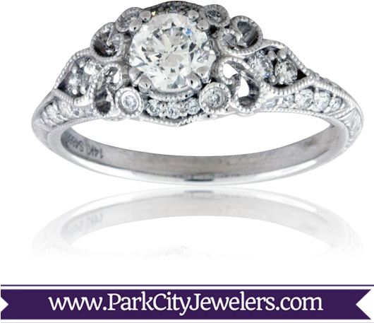 Vintage White Gold Diamond Engagement Ring - Rose Inspired Ring With Diamond Accents (529x529), Png Download