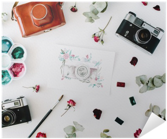 Artist Workspace With Vintage Retro Photo Camera, And - Camera (400x400), Png Download