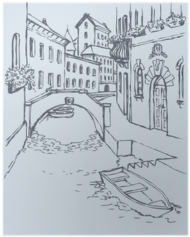 Canal Narrow Venetian Street With Bridge And Gon Poster - Canal Drawing (400x400), Png Download