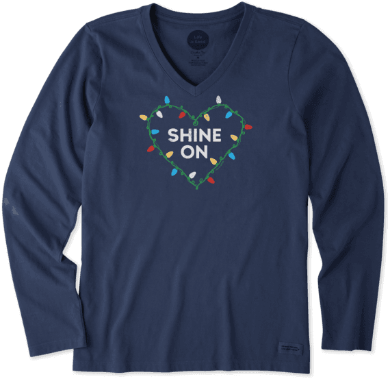 Women's Shine On Christmas Lights Long Sleeve Crusher - Life Is Good (570x553), Png Download