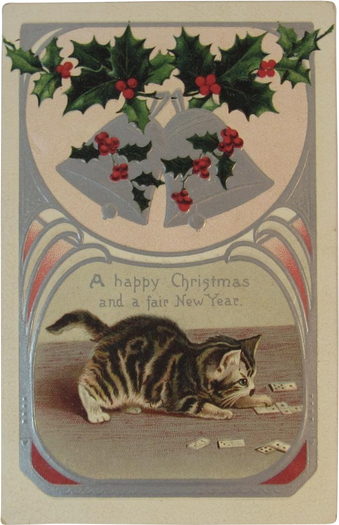 1909 Helena Maguire Christmas Cat Playing Dominoes - Christmas Bells And Holly (1045x1045), Png Download