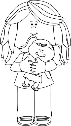 Black And White Black And White Little Girl Holding - Girl Holding A Doll Clipart Black And White (282x500), Png Download