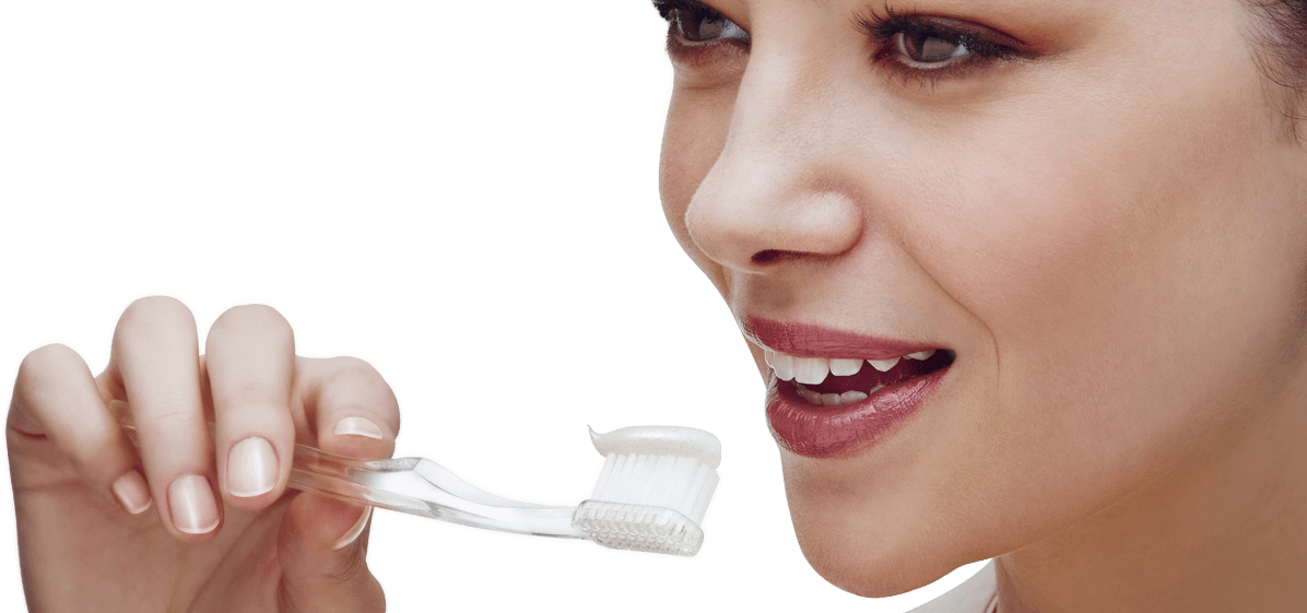 Woman Brushing Her Teeth With The Regenerate Toothpaste - Woman Brushing Teeth Png (1196x561), Png Download